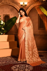 Coral Peach Banarasi Tissue Handloom Sarees